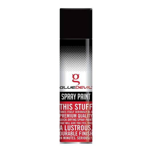 Spray paint can with Glue Devil branding on a white background