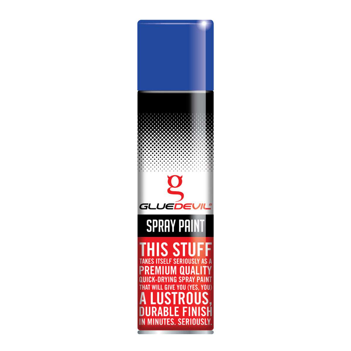 Spray paint can with blue top and red text on a white background