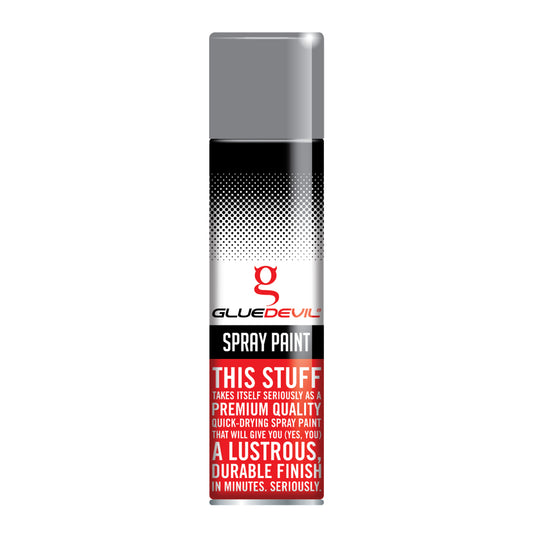 Spray paint can with Glue Devil branding on a white background