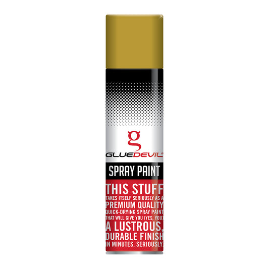 Spray paint can with 'Glue Devil' branding on a white background