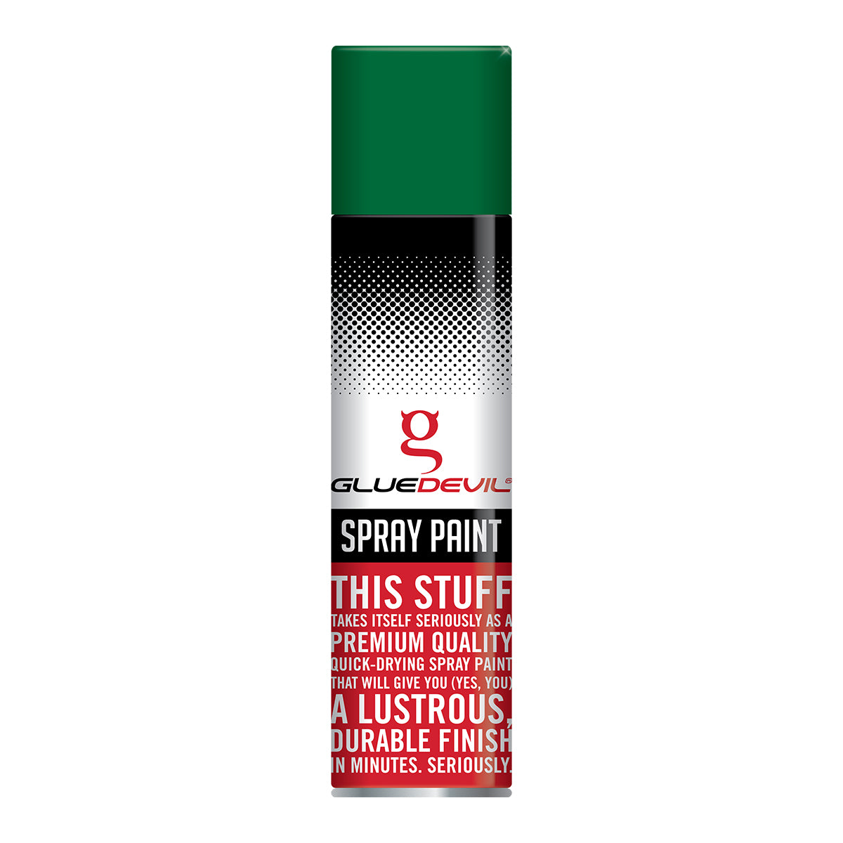 Spray paint can with Glue Devil branding on a white background