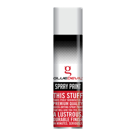 Spray paint can with Glue Devil branding on a white background