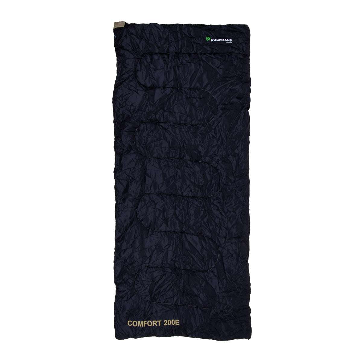 Black sleeping bag with 'Comfort 200E' label on a white background