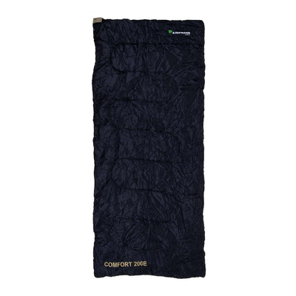 Black sleeping bag with 'Comfort 200E' label on a white background