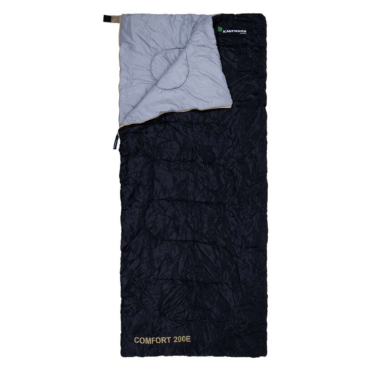 Black and gray sleeping bag with 'Comfort 200E' label on a white background