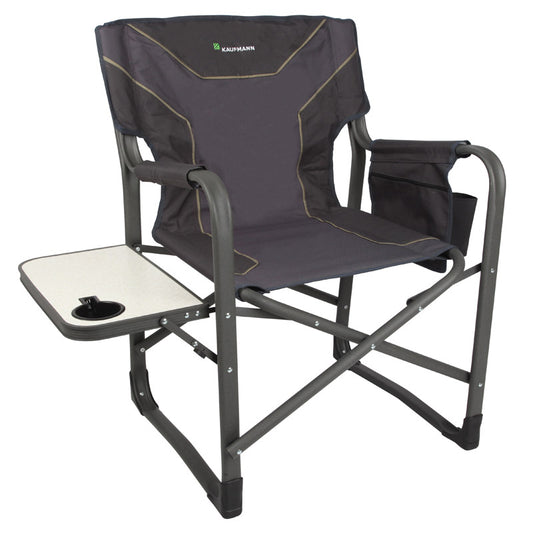 An oversized director's chair with a side table, featuring a gray fabric seat and a gray metal frame with a matte anodized finish.