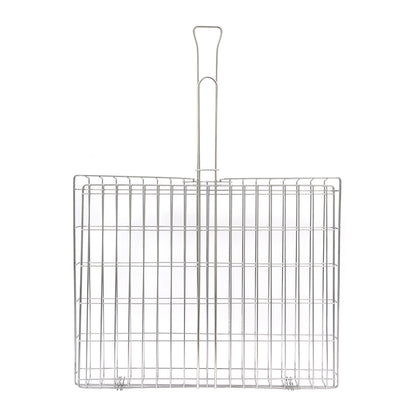 Stainless steel braai grid with handle on a white background