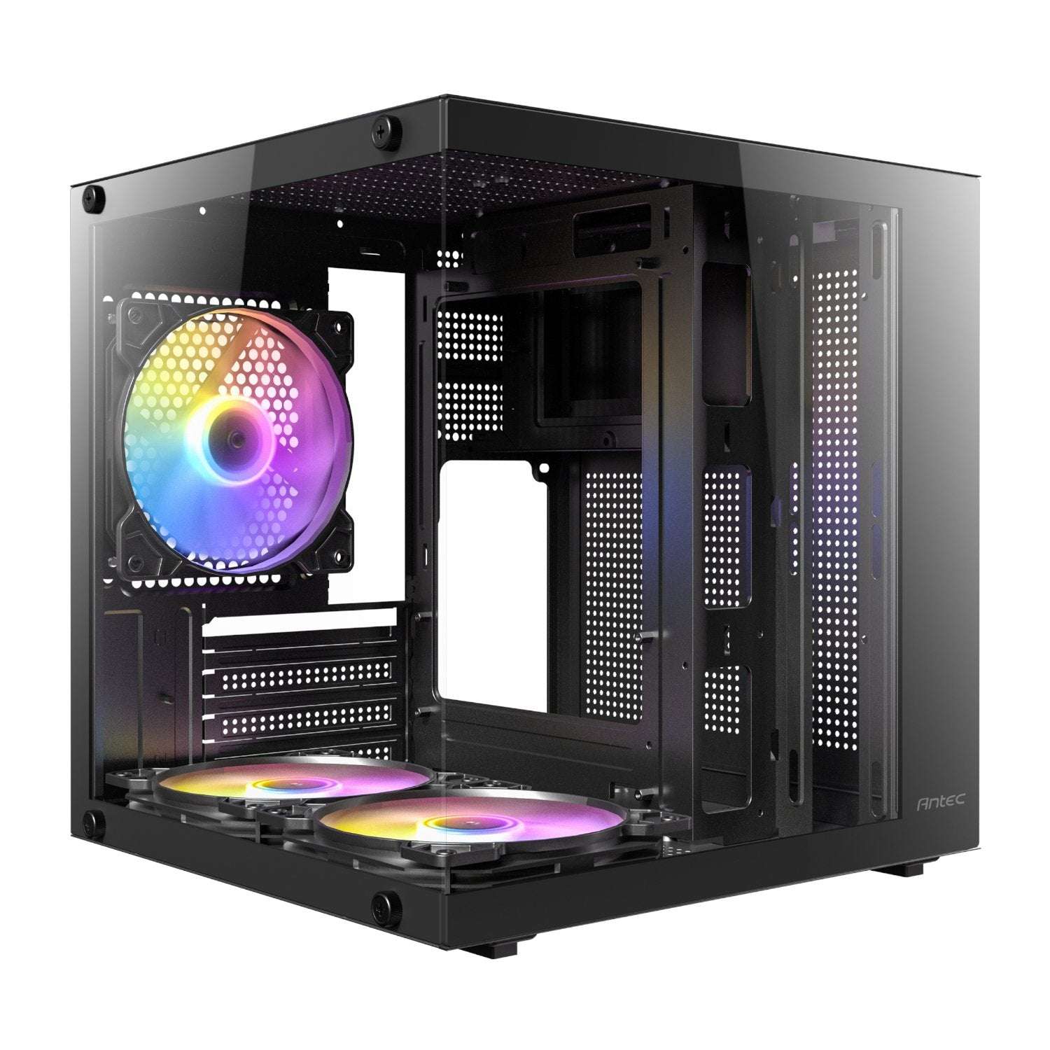 Computer case with RGB lighting on a white background