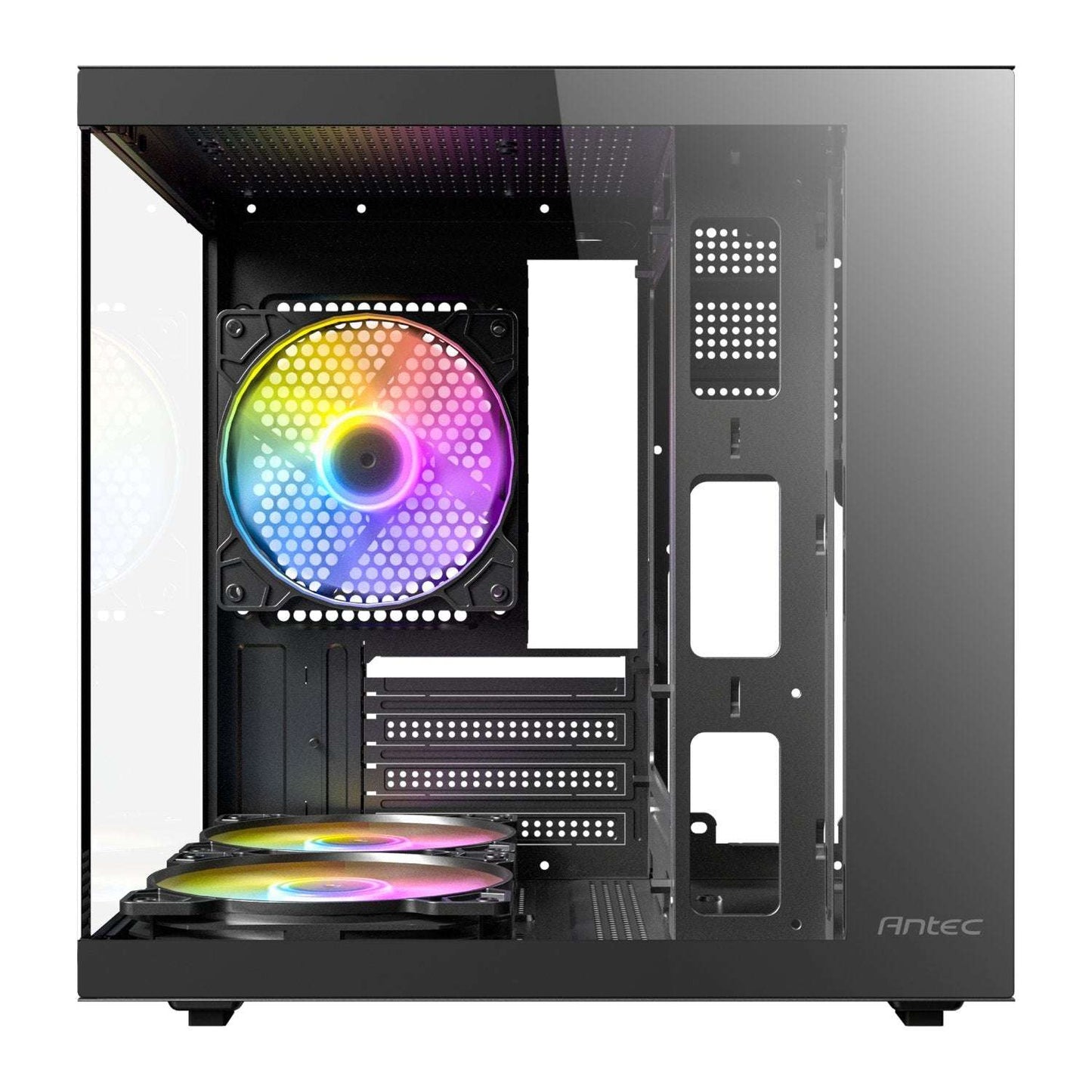 Computer case with RGB fans and Antec branding on a white background