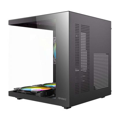 Black computer case with RGB fans on a white background