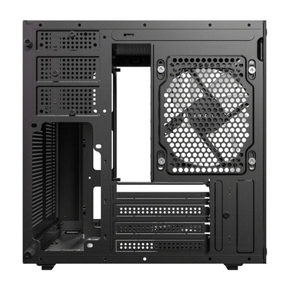 Black computer case with a large fan on a white background