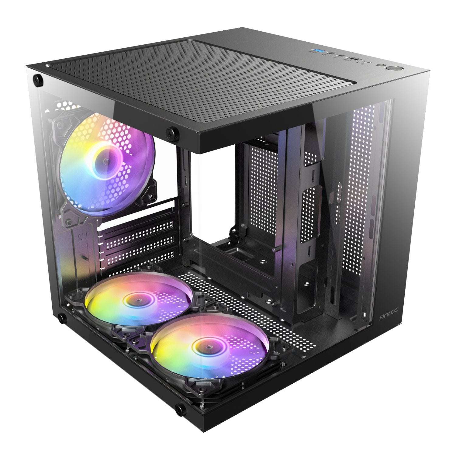 Computer case with RGB lighting on a white background
