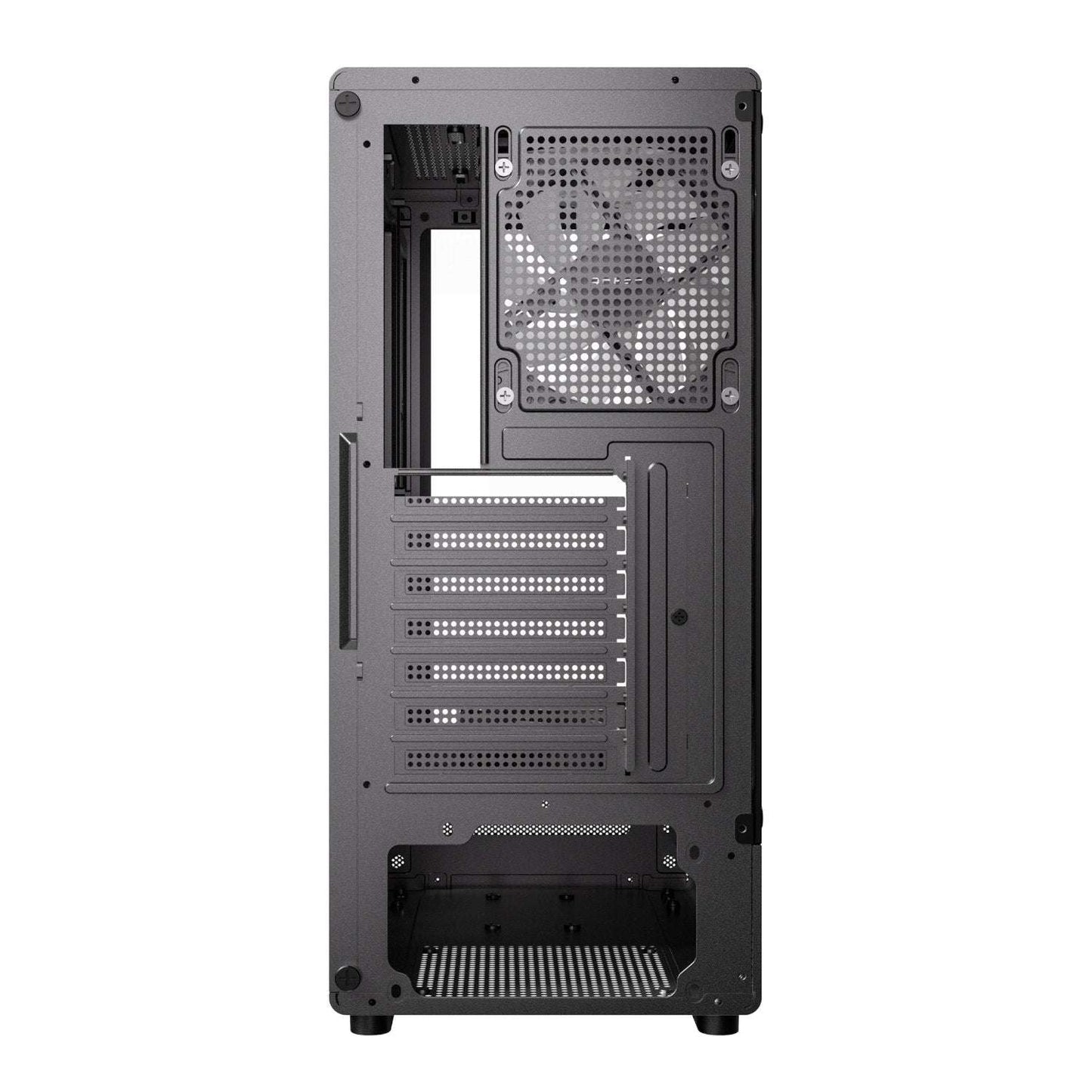Black computer case with a visible fan on a white background