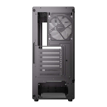 Black computer case with a visible fan on a white background
