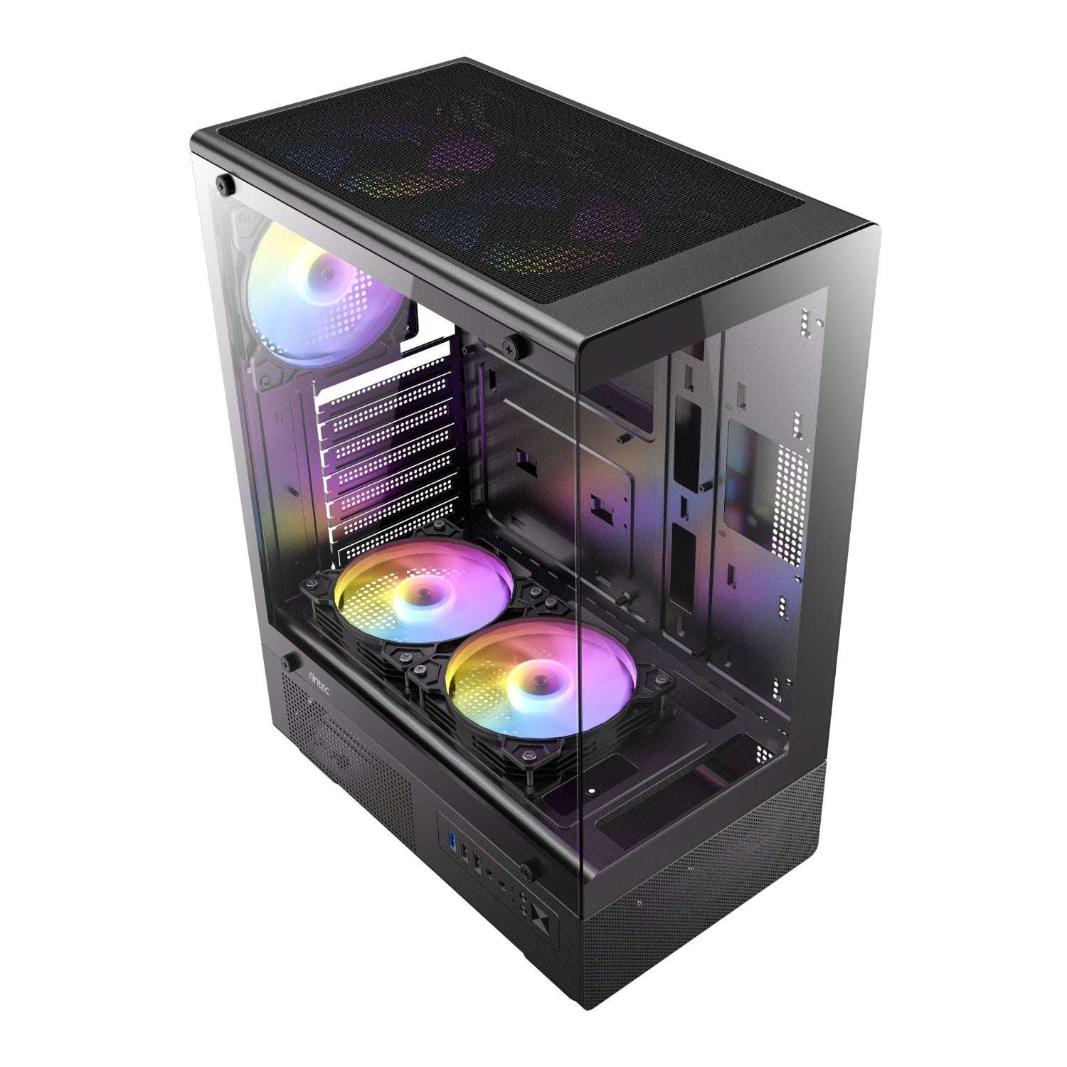 Computer case with RGB lighting on a white background
