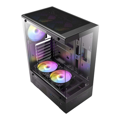 Computer case with RGB lighting on a white background