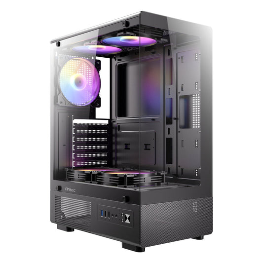 Gaming computer case with RGB lighting on a white background