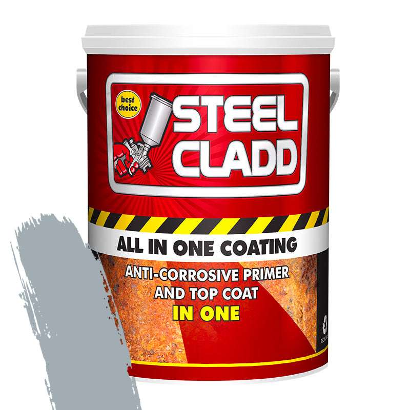 Steel Cladd paint can with red label on a white background