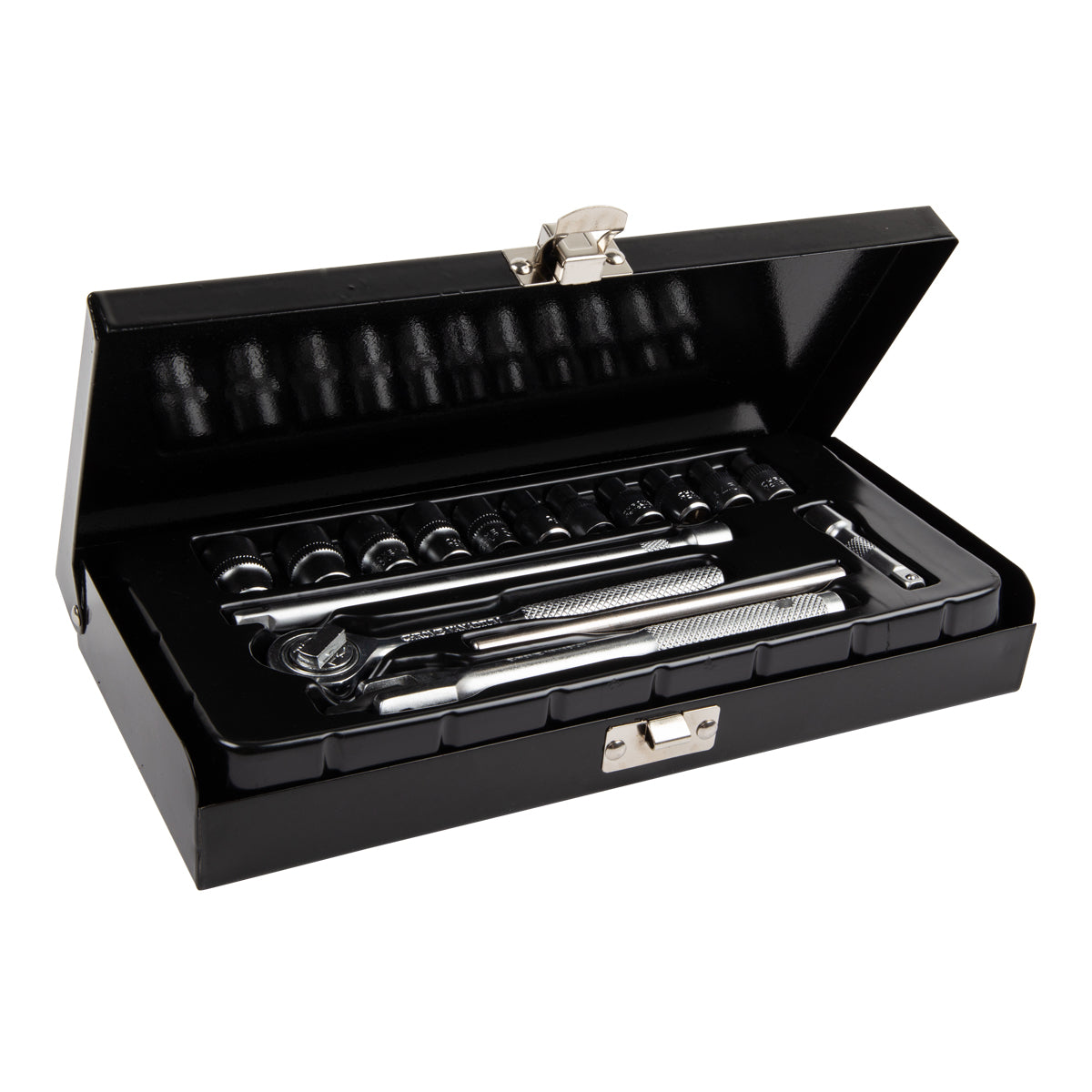 A black metal box with a silver-colored handle, containing a 16-piece socket drive set with various sizes displayed inside.