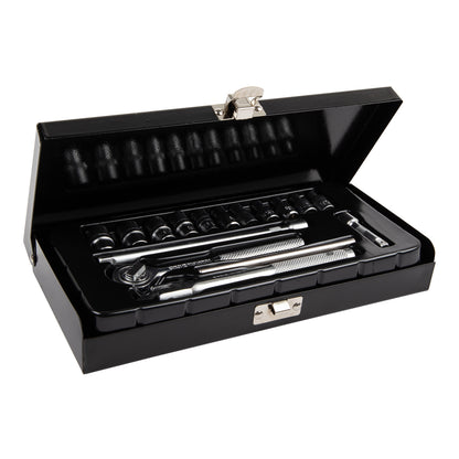 A black metal box with a silver-colored handle, containing a 16-piece socket drive set with various sizes displayed inside.