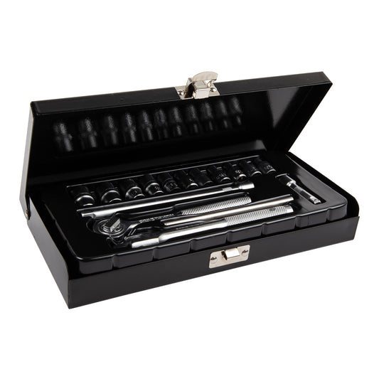 A black metal box with a silver-colored handle, containing a 16-piece socket drive set with various sizes displayed inside.