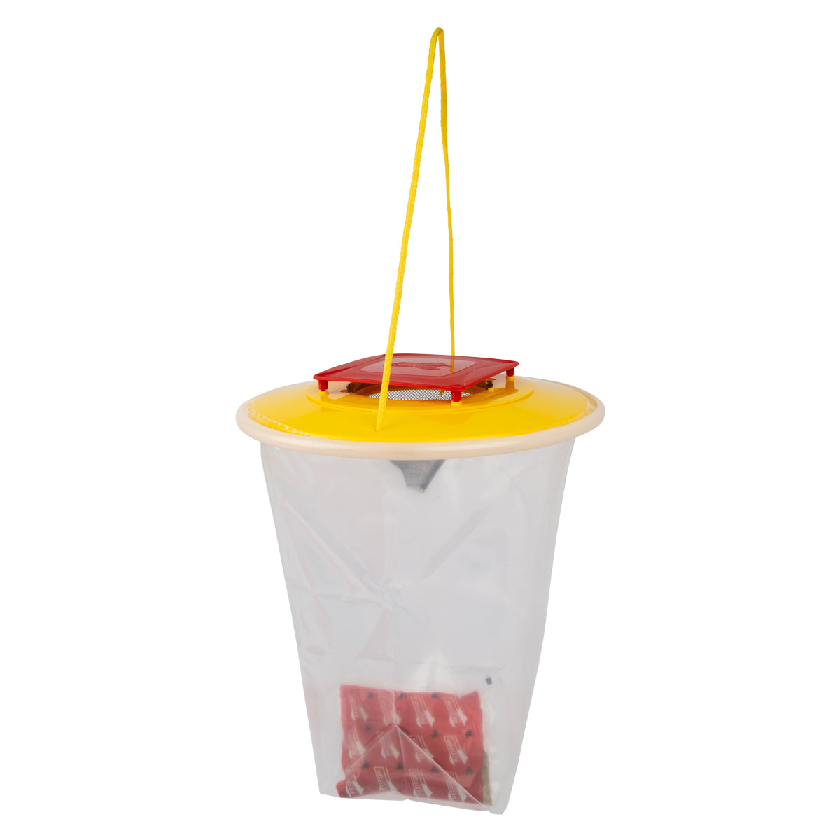 A Redtop brand fly catcher with a yellow lid and clear base, hanging from a yellow string.