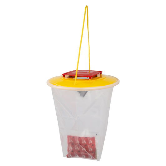 A Redtop brand fly catcher with a yellow lid and clear base, hanging from a yellow string.