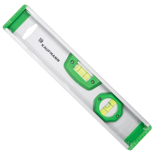 A 400mm Kaufmann X Aluminium Spirit Level with green vials and end caps on a white background.