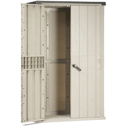 Wooden storage shed with a door open on a white background