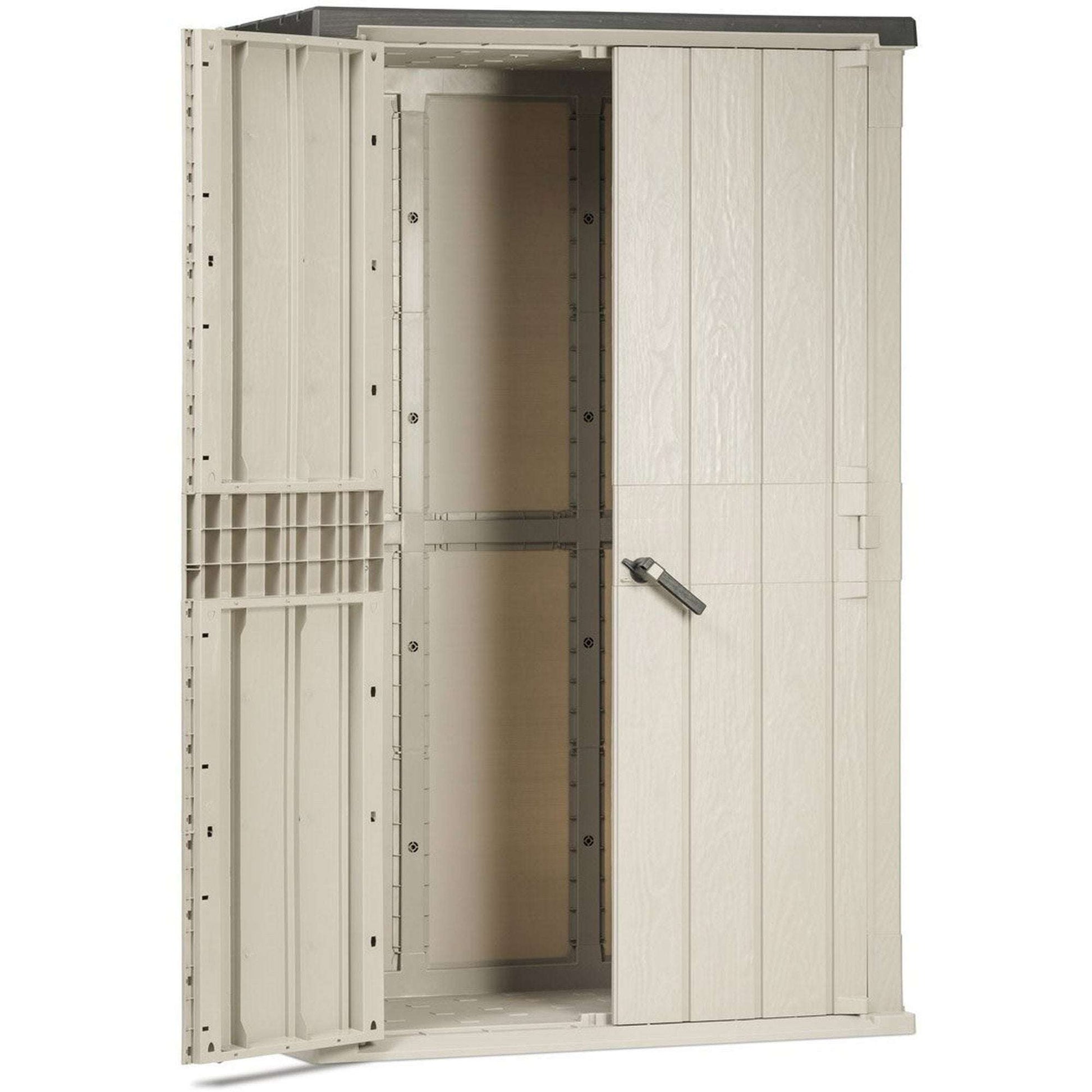 Wooden storage shed with a door open on a white background