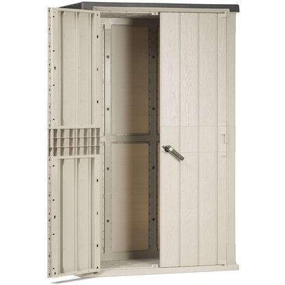 Wooden storage shed with a door open on a white background