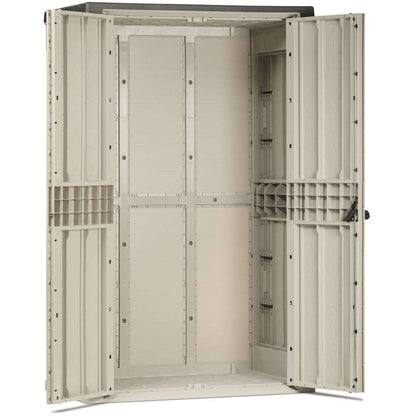 Beige storage cabinet with open doors on a white background