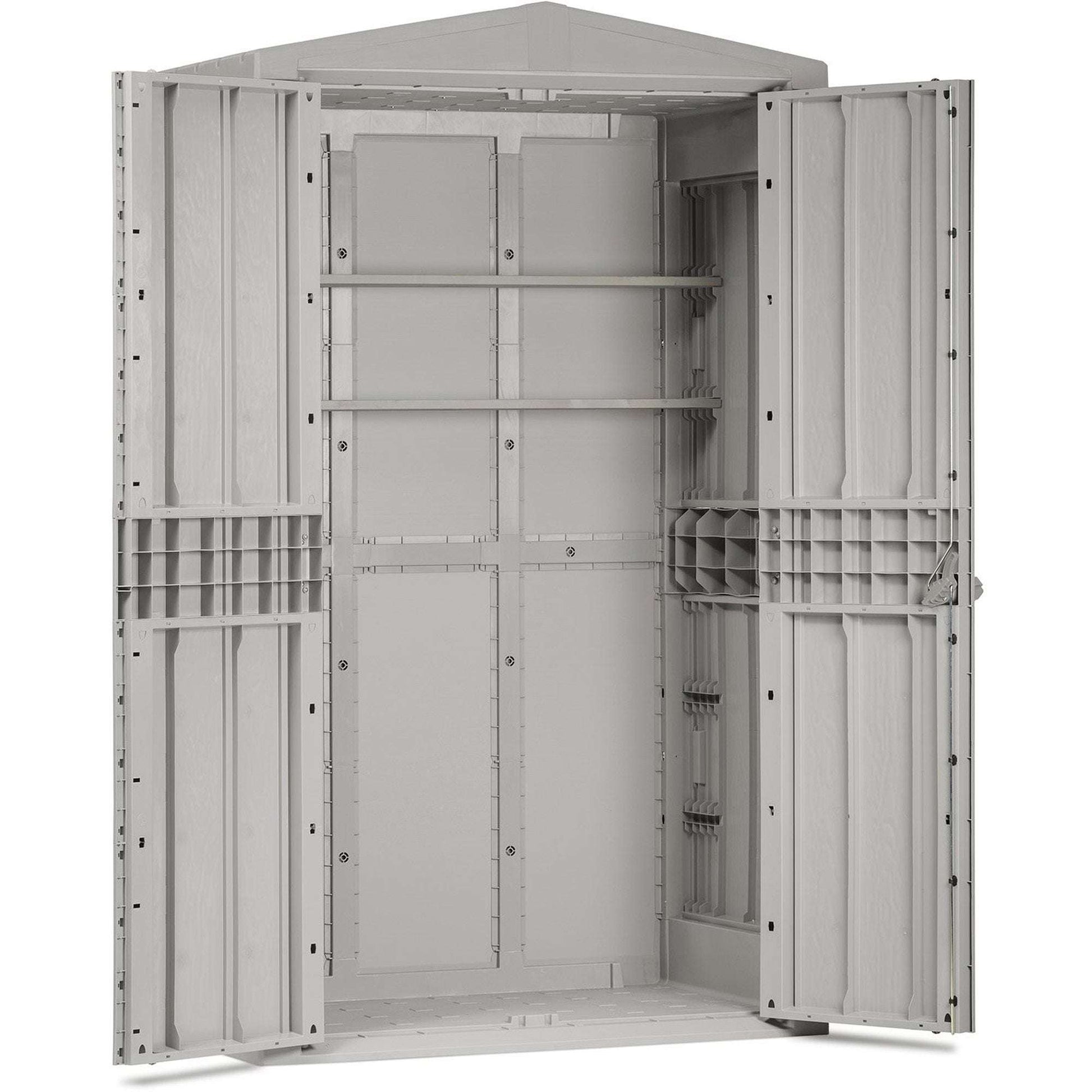 Gray storage shed with open doors on a white background
