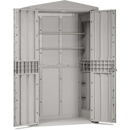 Gray storage shed with open doors on a white background