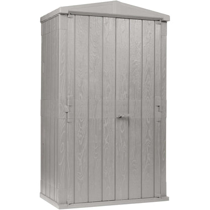 Gray outdoor storage shed with a slanted roof on a white background