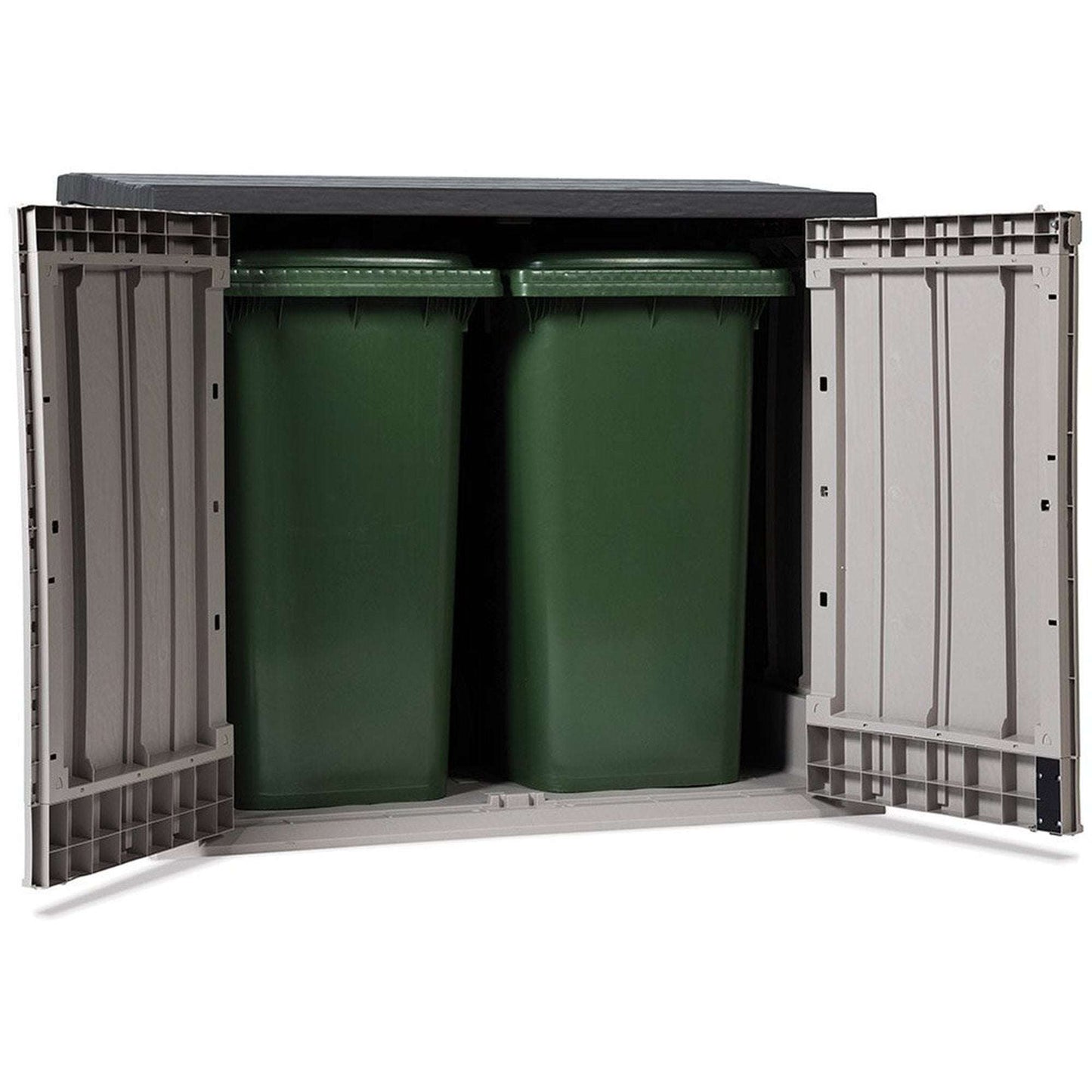 Green trash bins inside a gray storage unit on a white background