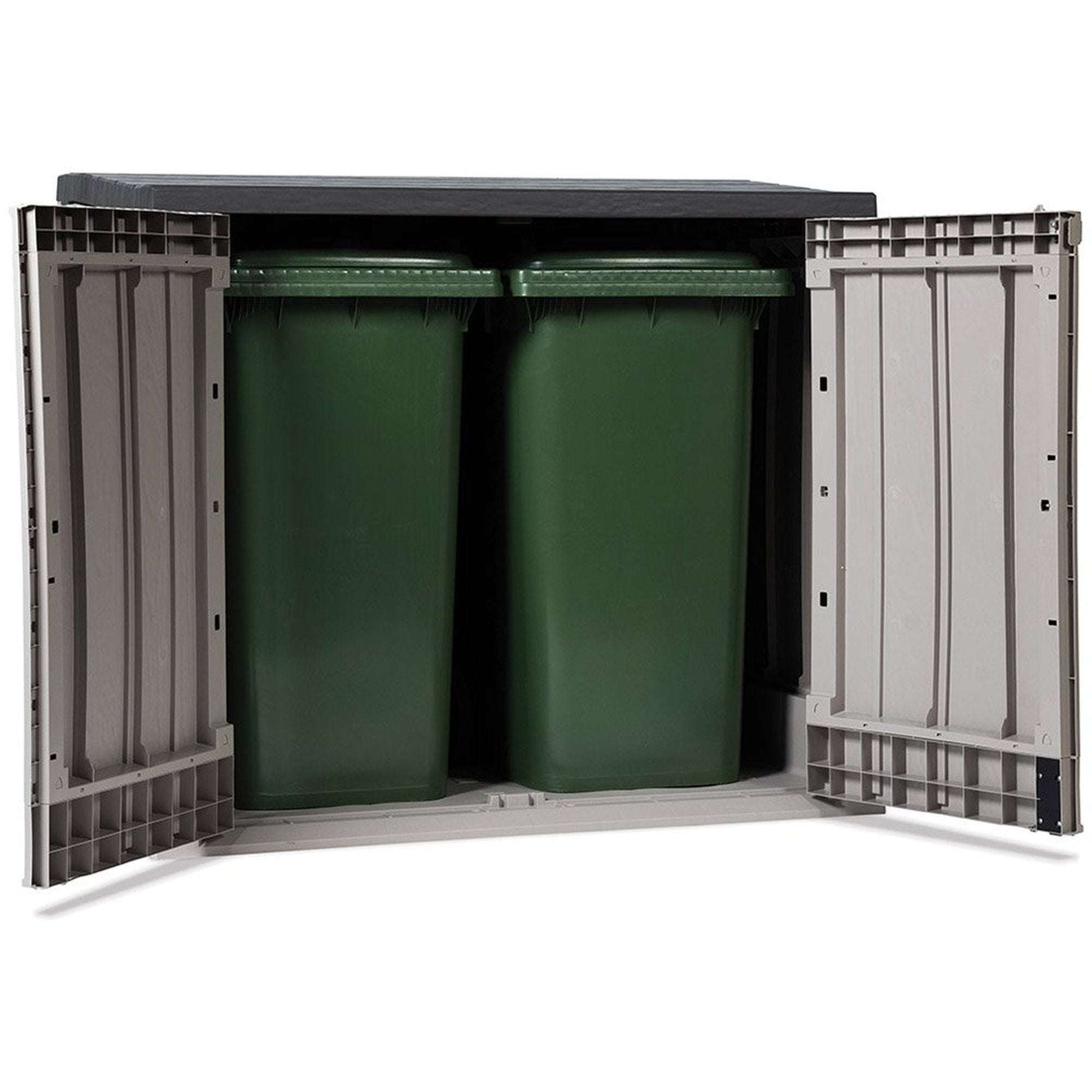 Green trash bins inside a gray storage unit on a white background