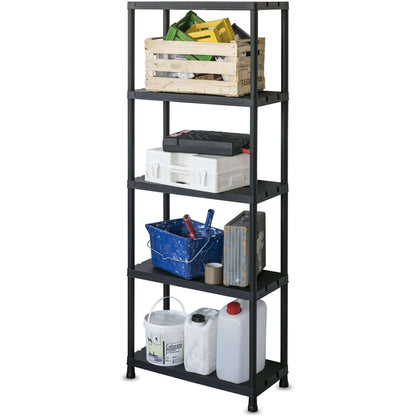 Black shelf with various items on a white background