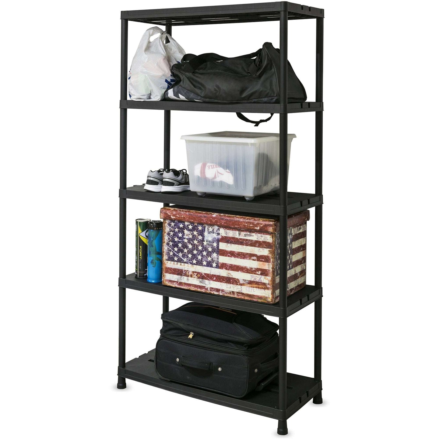 Black metal shelf with various items including a suitcase, bags, and a box on a white background