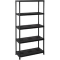 Black metal shelving unit with five shelves on a white background