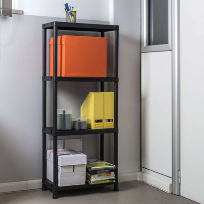 Black shelf with orange, yellow, and white boxes against a gray wall.