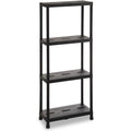 Black shelving unit with four shelves on a white background