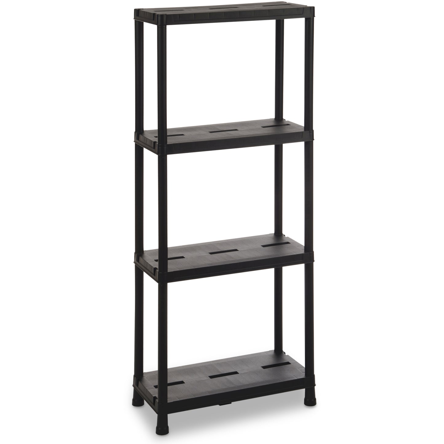 Black shelving unit with four shelves on a white background