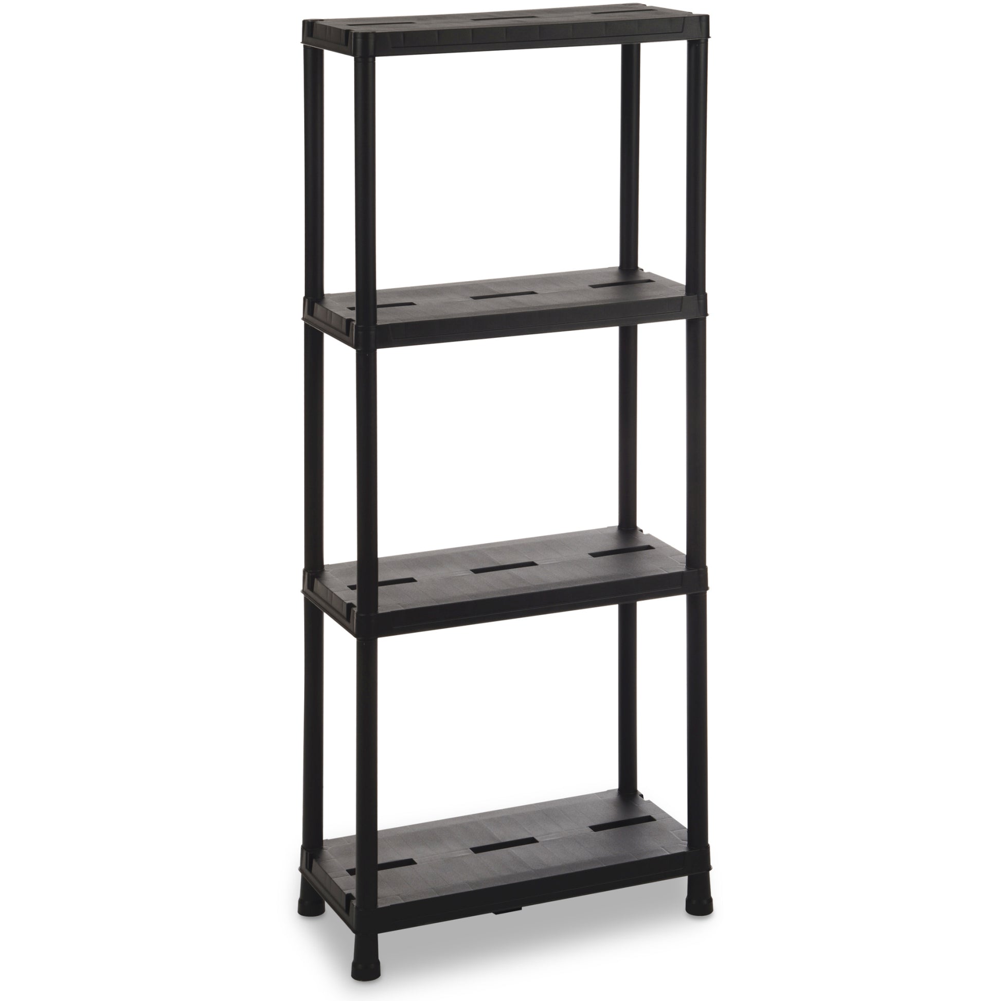 Black shelving unit with four shelves on a white background