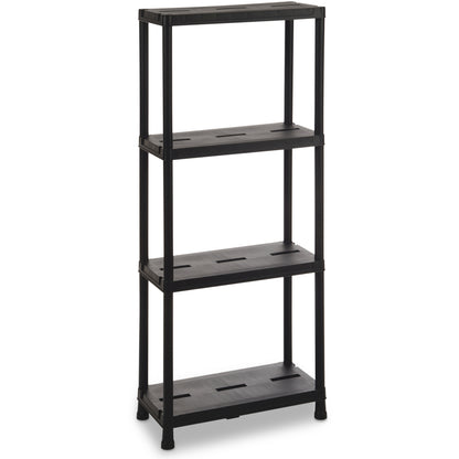 Black shelving unit with four shelves on a white background