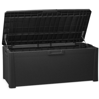 Black storage box with open lid on a white background