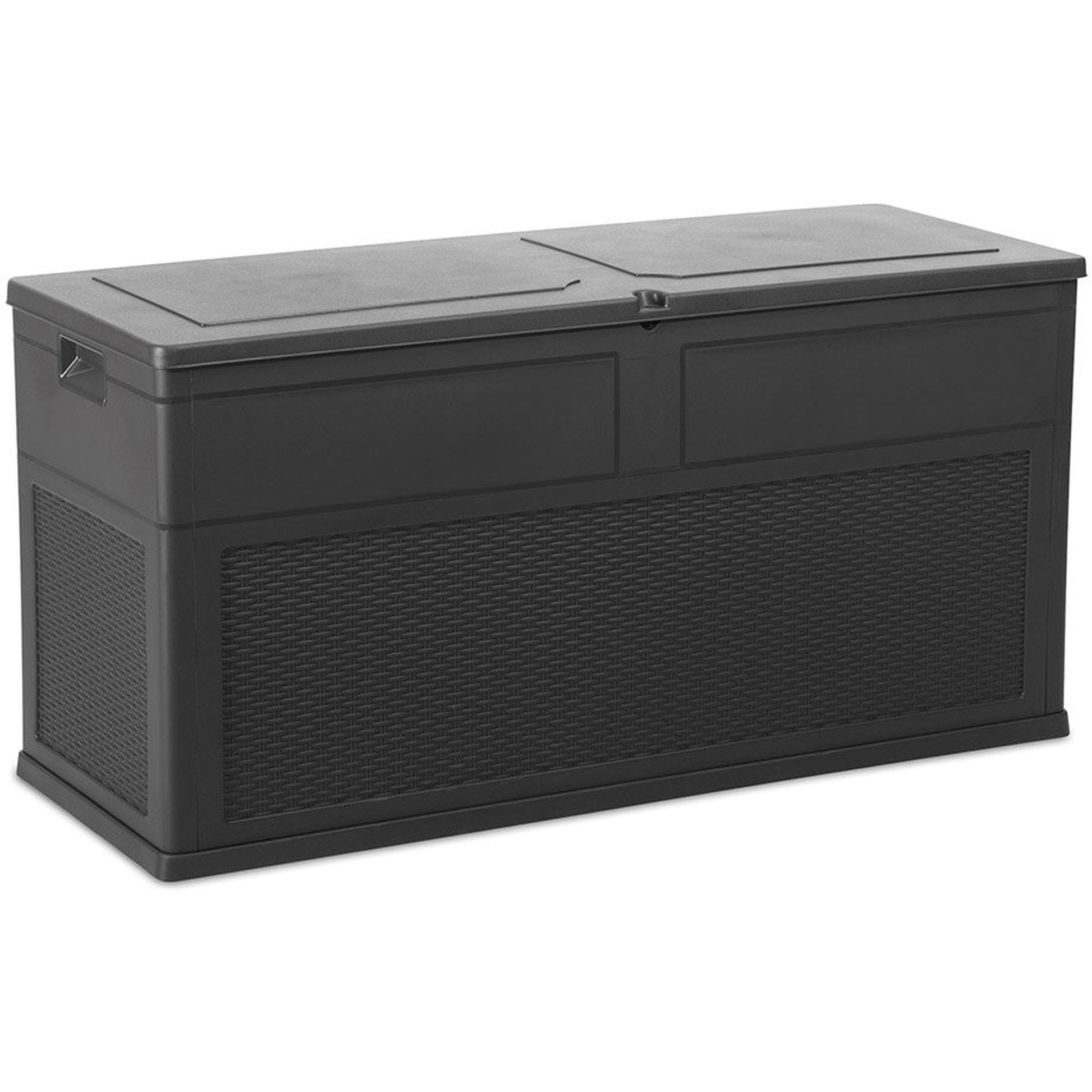 Black storage box with a lid on a white background
