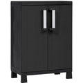 Black cabinet with two doors and silver handles on a white background