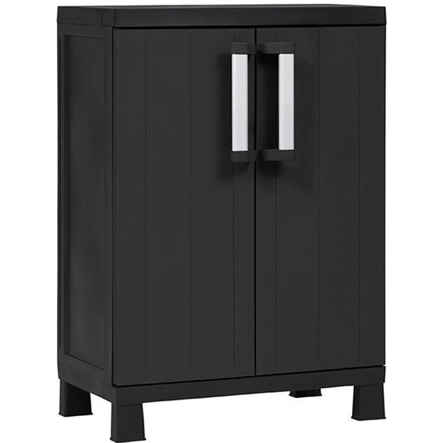 Black cabinet with two doors and silver handles on a white background