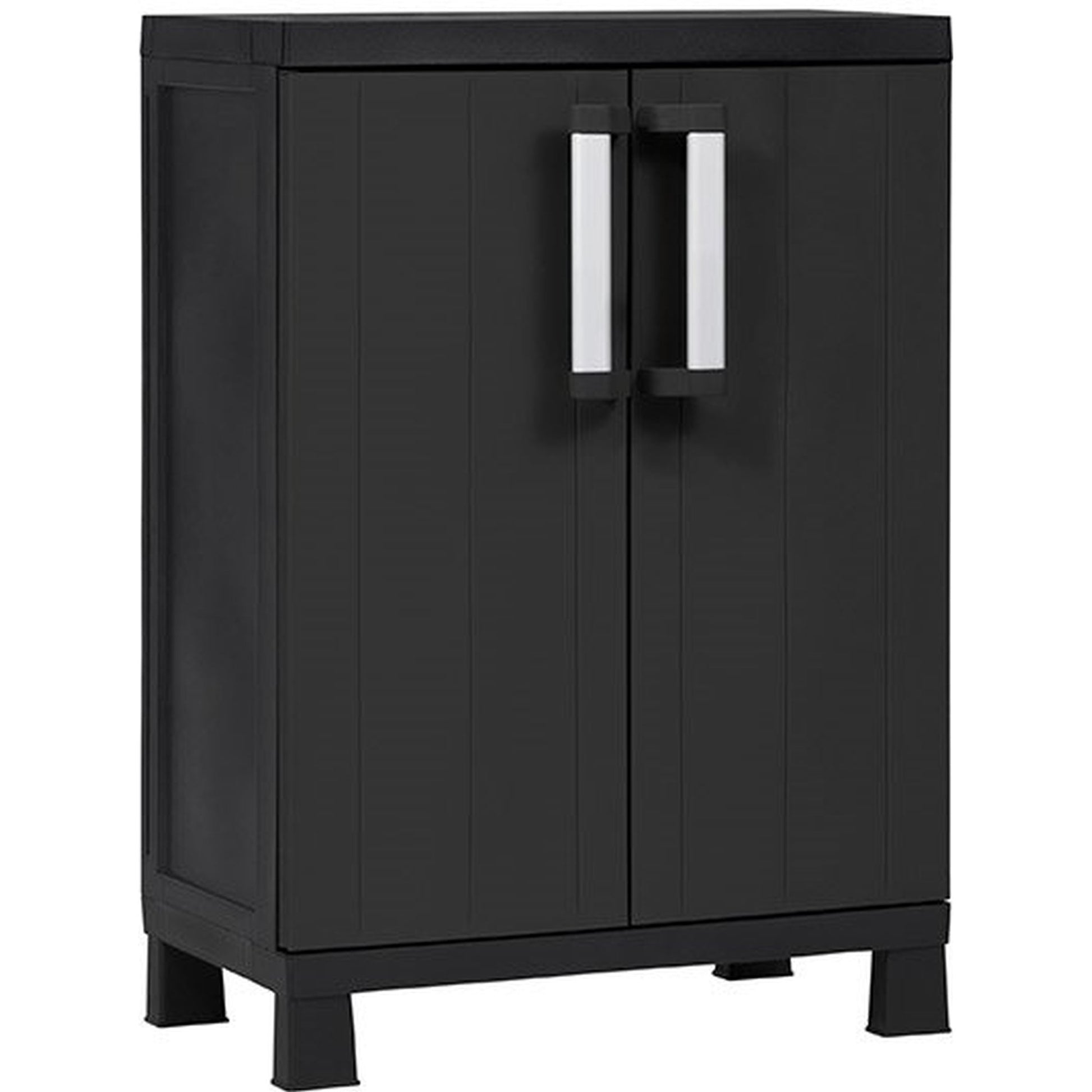 Black cabinet with two doors and silver handles on a white background